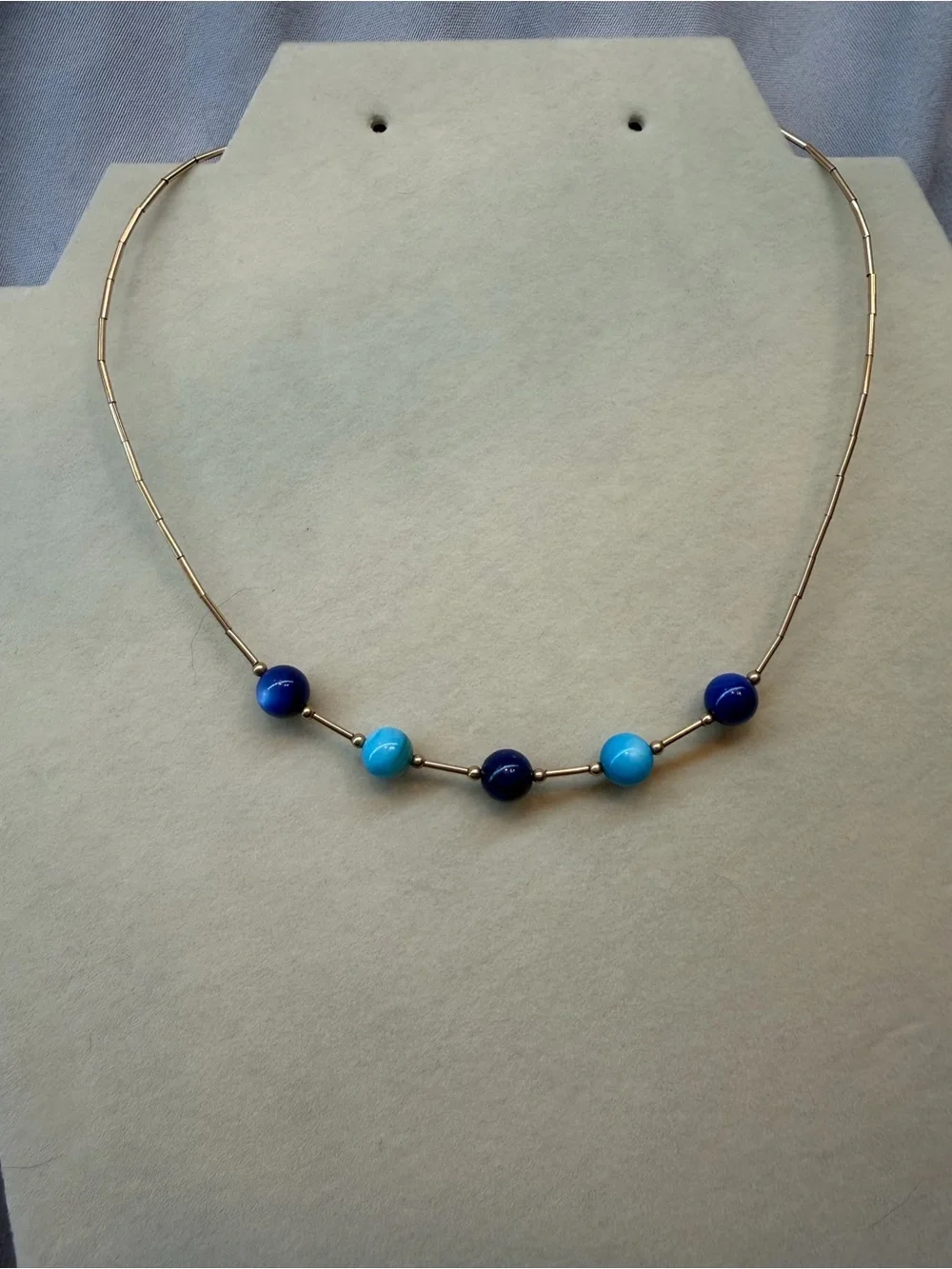 Vintage Gold Bar Necklace with Blue Bead Accents